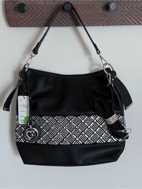 NWT Crystale Canada Black Pebbled Faux Leather Crystal Embellished Tote Purse